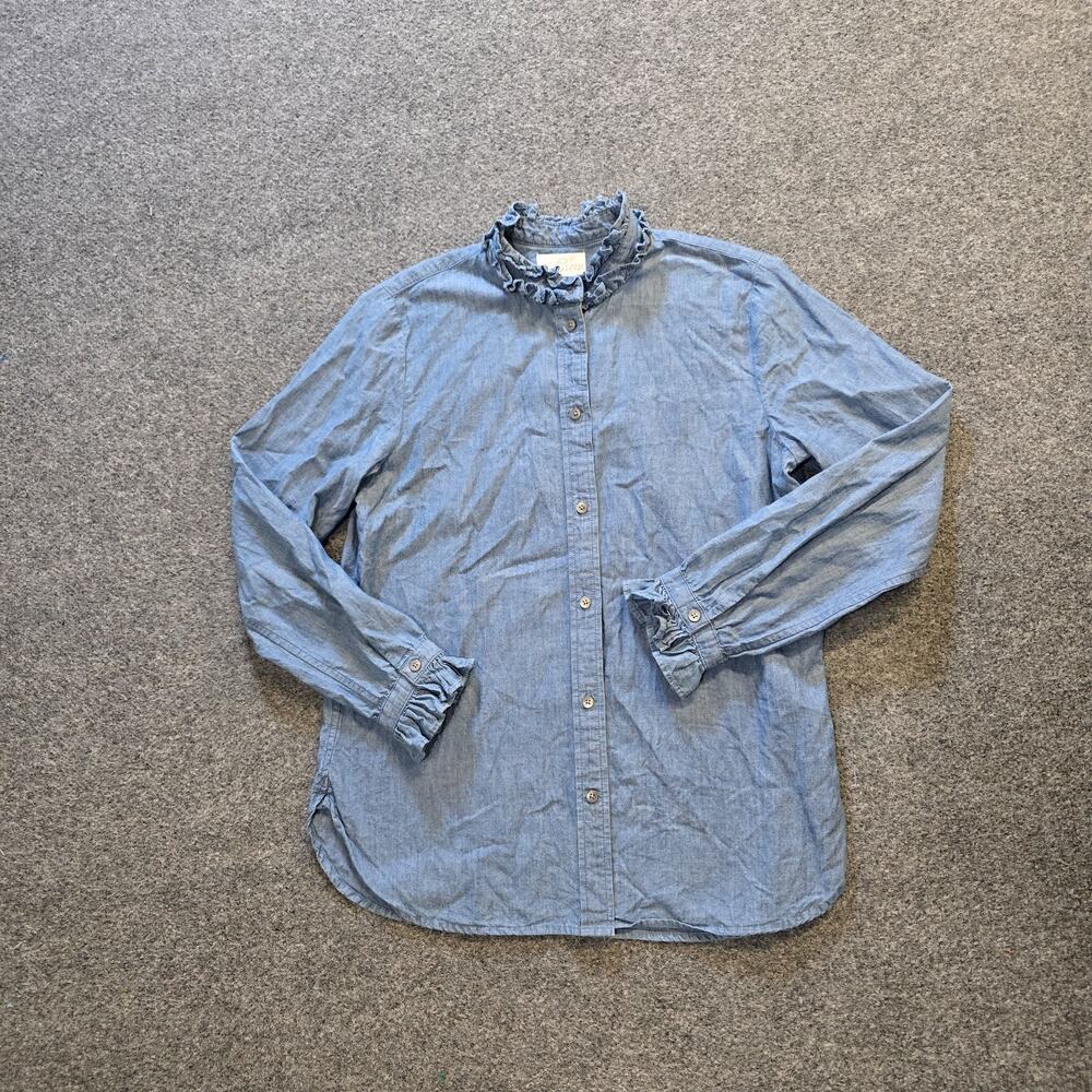 J Crew Top Womens Small Blue Chambray Denim Button Long Sleeve Ruffle Casual